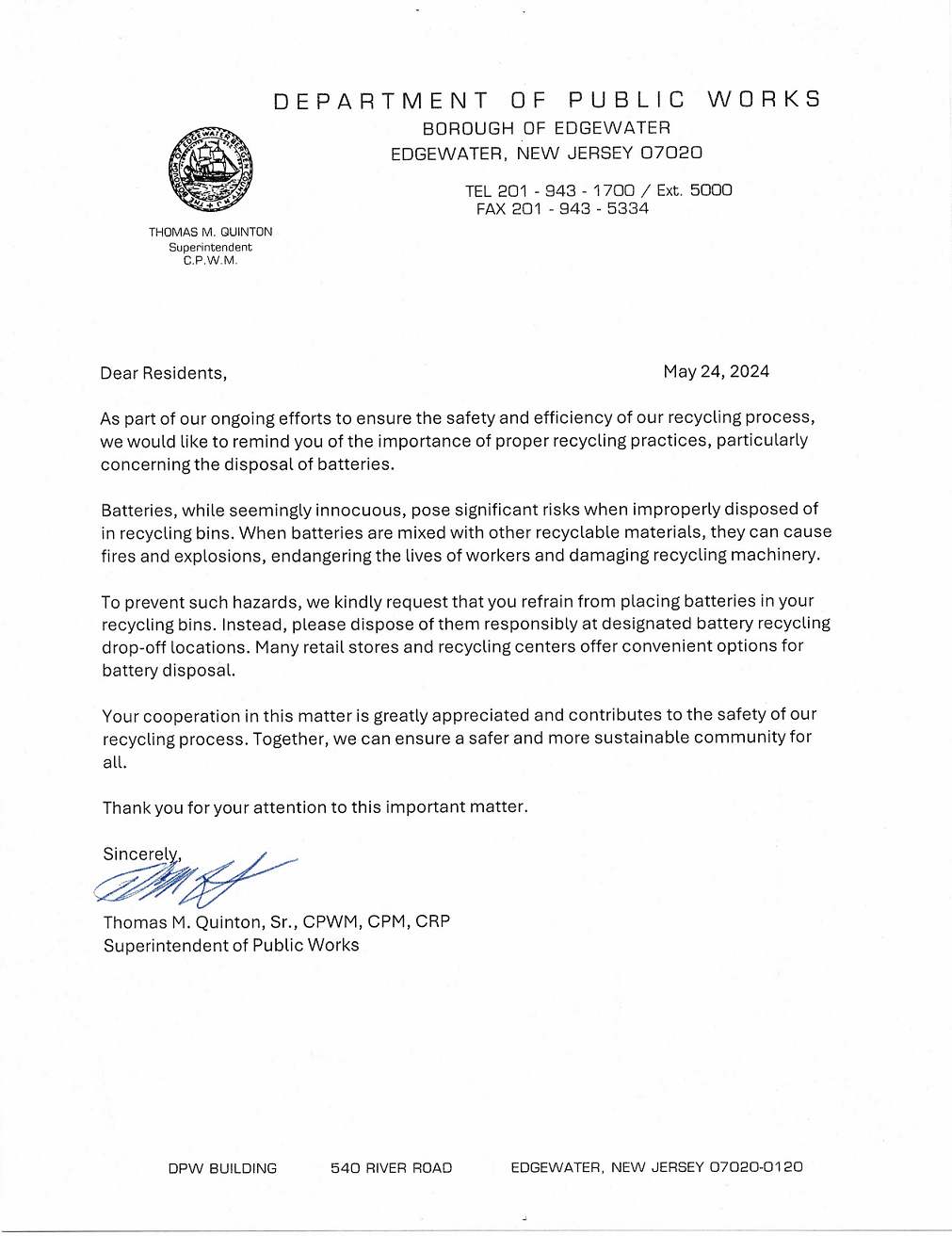 battery disposal letter